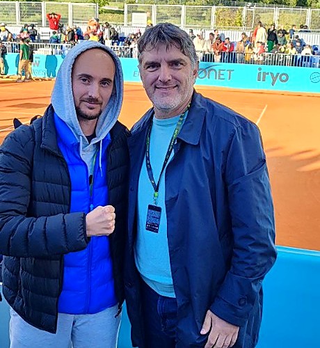 Vlad Zablockis with tennis coach Mikhail Bril on courts in Spain